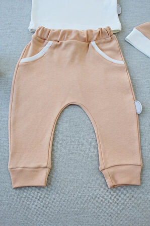 3-6 6-9 9-12 Ay Full Star Nakışlı Şapkalı Uzun Kollu Sweat 3lü Erkek Bebek Takımı Buğday