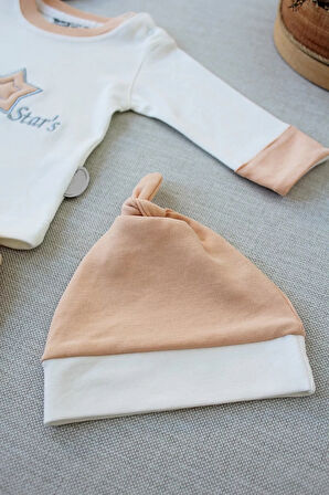 3-6 6-9 9-12 Ay Full Star Nakışlı Şapkalı Uzun Kollu Sweat 3lü Erkek Bebek Takımı Buğday