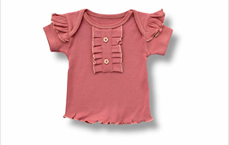 3-6 6-9 9-12 12-18 Ay Düğme Detaylı Bandanalı Kısa Kollu Sweat 3lü Kız Bebek Takımı Gül Kurusu