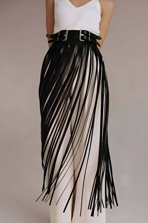 Püsküllü Deri Etek, Bel Üzeri Şık Püsküllü Deri Etek - Brf1090