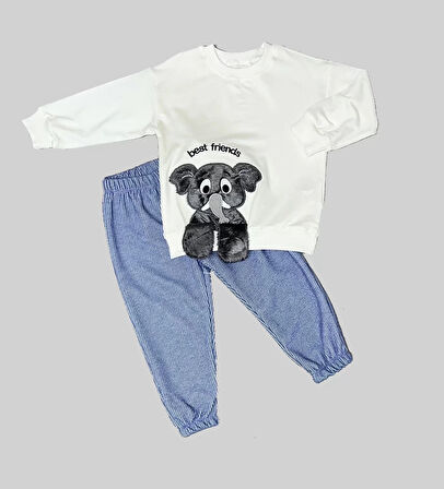 1-2-3 Yaş Filli Sallanan Ayak Desenli Likra Penye Kumaş Sweat Pantolonlu Kız Erkek 2li Çocuk Takımı Beyaz