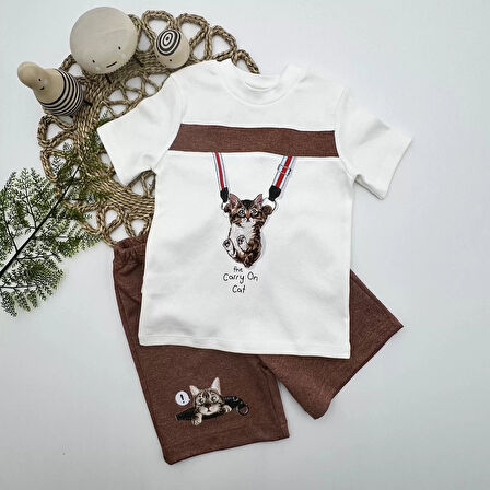 1-2-3 Yaş Fermuarlı Kedi Baskılı Şortlu Kısa Kollu Tişört 2li Erkek Bebek Takımı Kahverengi