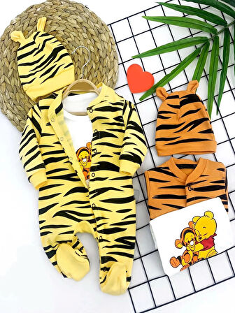 3-6-9-12 Ay Pooh Desenli Zebra Çizgili Şapkalı Sweatli 3lü Kız Erkek Bebek Tulumu(sarı) Sarı