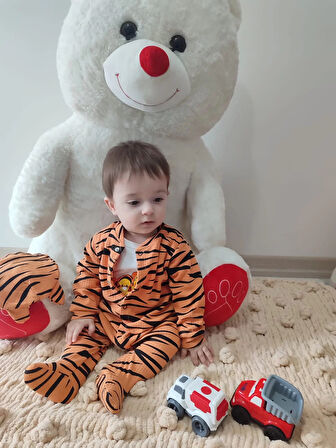 3-6-9-12 Ay Pooh Desenli Zebra Çizgili Şapkalı Sweatli 3lü Kız Erkek Bebek Tulumu(sarı) Sarı