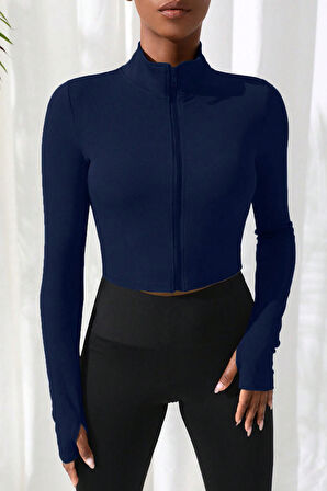 Kadın Lacivert Uzun Kol Fermuarlı Parmak Geçme Detaylı Dik Yaka Crop Top Bluz