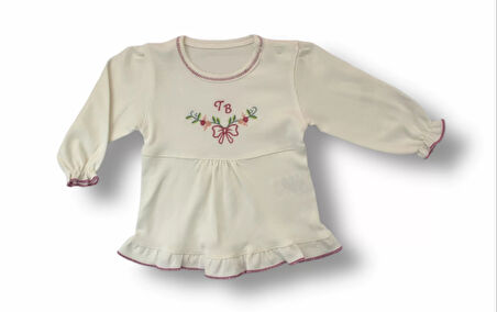 3-6 6-9 9-12 Ay Tb Çiçek Nakışlı Şapkalı Uzun Kollu Sweatli 3lü Kız Bebek Takımı Ekru