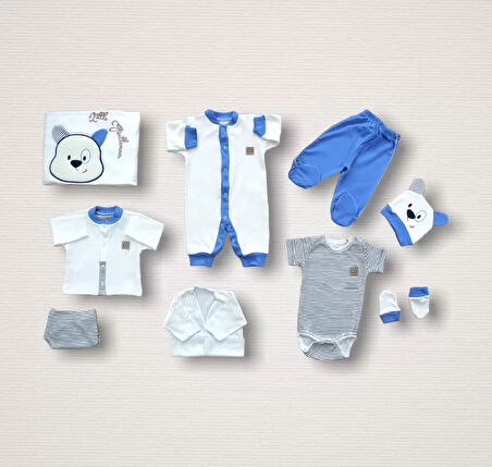 Minik Centilmen Ayı Nakışlı  10lu Zıbın Takımı Hastane Çıkışı Mavi