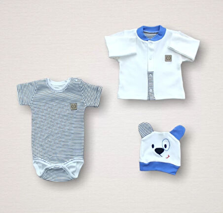 Minik Centilmen Ayı Nakışlı  10lu Zıbın Takımı Hastane Çıkışı Mavi