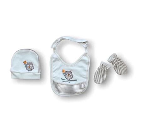 Romantik Çift Baykuş Nakışlı  5li Zıbın Takımı Hastane Çıkışı Ekru