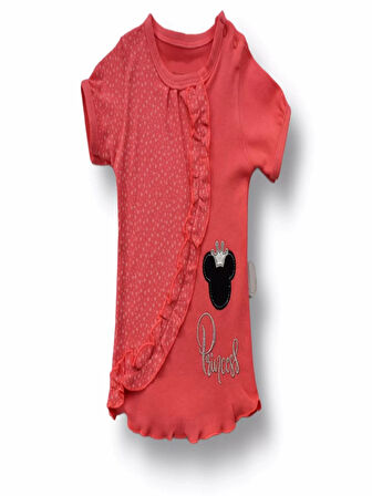 3-6 6-9 9-12 12-18 Ay Princess Taçlı Mickey Nakışlı Şort Tişört 3lü Kız Bebek Takımı Nar Çiçeği