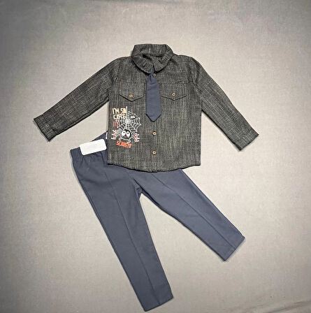 3-4-5 Yaş Kravatlı Keten Gömlek Gabardin Pantolon Uzun Kollu 3lü Erkek Çocuk Takımı Füme