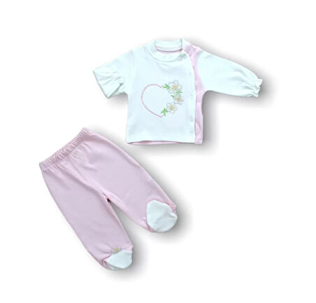 Baharın Çiçekli Kalbi Nakışlı  5li Zıbın Takımı Hastane Çıkışı Pembe