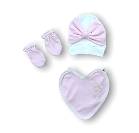 Baharın Çiçekli Kalbi Nakışlı  5li Zıbın Takımı Hastane Çıkışı Pembe