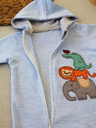 6-9 9-12 Ay Ef Çizgi Boy Fermuarlı Hayvanlar Alemi Nakışlı Kapşonlu Kız Erkek Bebek Tulumu Mavi