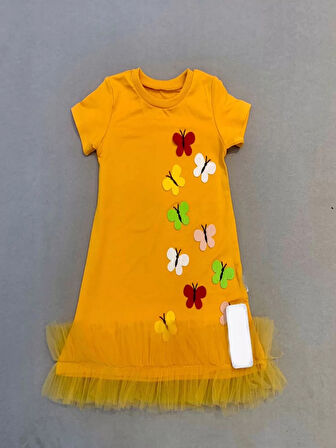 1-2-3 Yaş Renkli Kelebekler Nakışlı Eteği Fırfırlı Jile Çocuk Elbisesi Turuncu
