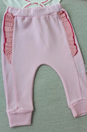 3-6 6-9 9-12 Ay Hello Nakışlı Kruvaze Bandanalı Uzun Kollu Zıbınlı 3lü Kız Bebek Takımı Pembe