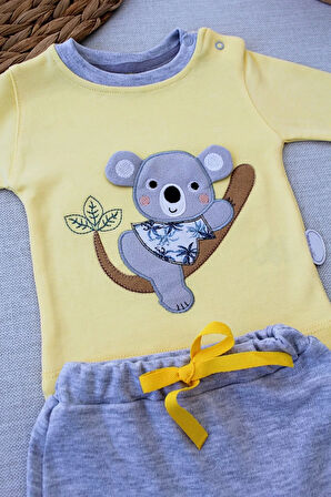3-6 6-9 9-12 12-18 Ay Yavru Koala Nakışlı Uzun Kollu Sweat 2li Kız Erkek Bebek Takımı Sarı