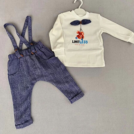 9-12-18 Ay Papyonlu Sweat Kot Pantolon 2li Erkek Bebek Salopet Takımı Lacivert
