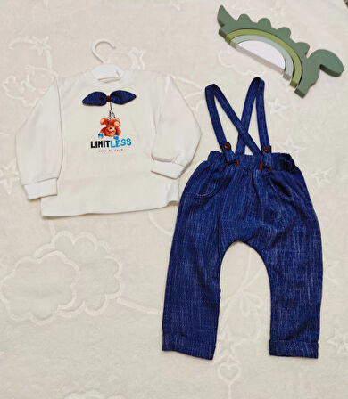 9-12-18 Ay Papyonlu Sweat Kot Pantolon 2li Erkek Bebek Salopet Takımı Lacivert