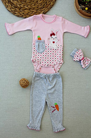 3-6 9-12 12-18 Ay Havuç Tavşan Nakışlı Bandanalı Uzun Kollu Zıbınlı 3lü Kız Bebek Tak Pembe