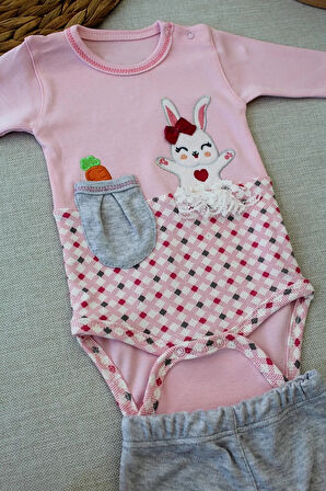 3-6 9-12 12-18 Ay Havuç Tavşan Nakışlı Bandanalı Uzun Kollu Zıbınlı 3lü Kız Bebek Tak Pembe