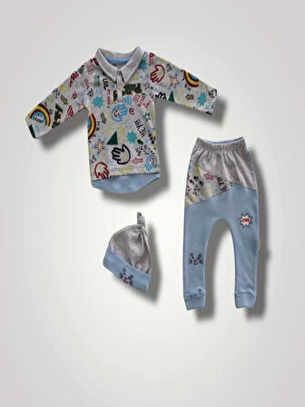 6-9 12-18 18-24 Ay Power Kedi Nakışlı Uzun Kollu Sweat Şapkalı 3lü Kız Erkek Bebek Takımı Mavi