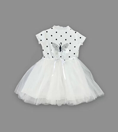5-6-7 Yaş Payetli Kelebek Desenli Puantiyeli Kız Çocuk Elbisesi Beyaz