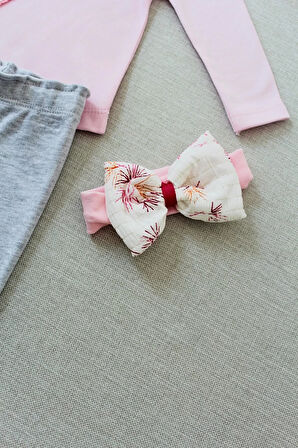 3-6 6-9 9-12 Ay Matmazel Yaka Fırfır Detaylı Bandanalı Uzun Kollu Sweat 3lü Kız Bebek Takımı Pembe