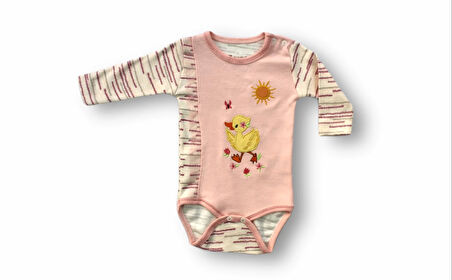 3-6 6-9 9-12 Ay Süslü Ördek Nakışlı Şapkalı Uzun Kollu Zıbınlı 3lü Kız Bebek Takımı Pembe