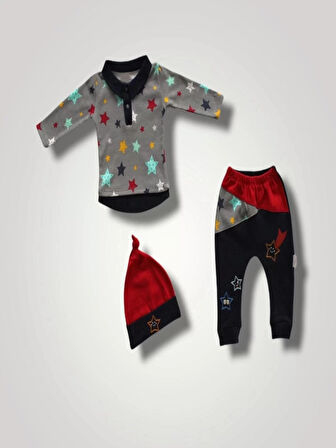 6-9 12-18 18-24 Ay Samanyolu Yıldızlar Baskılı Uzun Kollu Sweat Şapkalı 3lü Kız Erkek Bebek Takımı Lacivert