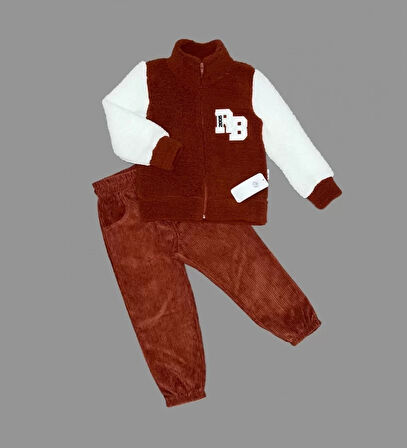 1-2-3 Yaş Kuzu Kumaş Fermuarlı Sweat Kadife Pantolonlu Uzun Kollu Kız Erkek Çocuk 2li Takım Kahverengi