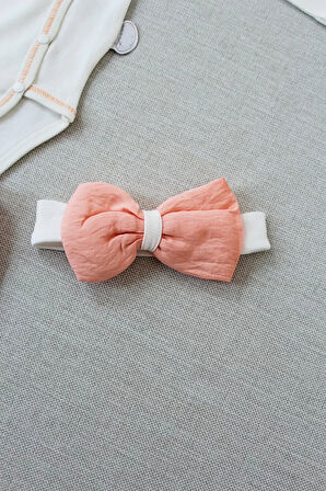 3-6 6-9 9-12 Ay Hello Nakışlı Kruvaze Bandanalı Uzun Kollu Zıbınlı 3lü Kız Bebek Takımı Somon