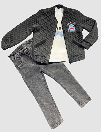 4-5-6 Yaş Kot Pantolonlu Pilot Mont Uzun Kollu Penye Sweat 3lü Erkek Çocuk Takımı Füme