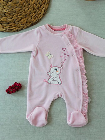 3-6 6-9 9-12 Ay Romantik Fil Nakışlı Pembe Süslü Kız Bebek Tulumu Pembe