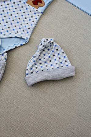 3-6 9-12 12-18 Ay Romantik Ayıcık Nakışlı Şapkalı Uzun Kollu Zıbınlı 3lü Kız-erkek Bebek Takımı Mavi