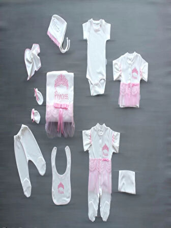 Taçlı Prensesim Nakışlı  10lu Zıbın Takımı Hastane Çıkışı Pembe