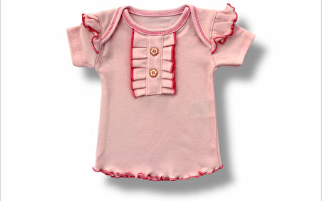 3-6 6-9 9-12 12-18 Ay Düğme Detaylı Bandanalı Kısa Kollu Sweat 3lü Kız Bebek Takımı Pudra