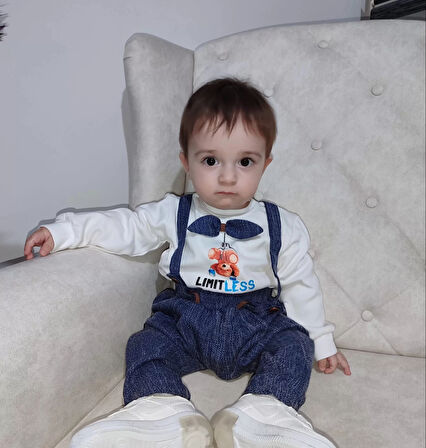 9-12-18 Ay Papyonlu Sweat Kot Pantolon 2li Erkek Bebek Salopet Takımı Lacivert