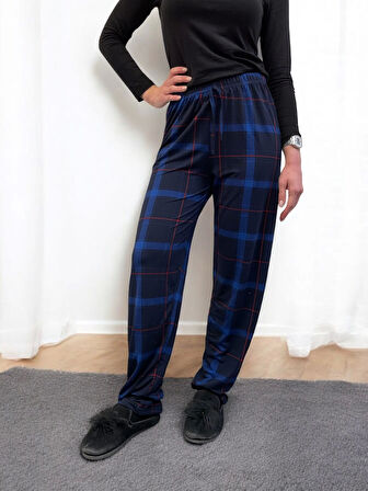 Freshness 801 Kadın Beli Lastikli Ekose Süet Tek Pijama Altı