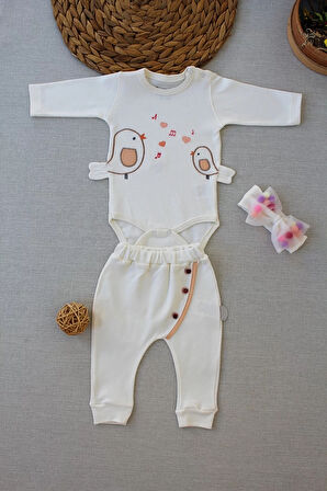 3-6 6-9 9-12 Ay Şarkıcı Kuşlar Nakışlı Bandanalı Uzun Kollu Zıbınlı 3lü Kız Bebek Takımı Ekru