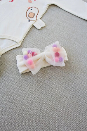 3-6 6-9 9-12 Ay Şarkıcı Kuşlar Nakışlı Bandanalı Uzun Kollu Zıbınlı 3lü Kız Bebek Takımı Ekru