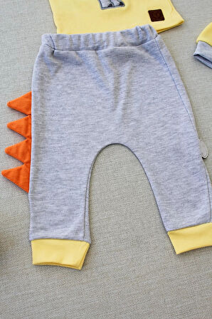 3-6 6-9 9-12 Ay Minik Dino Nakışlı Şapkalı Uzun Kollu Sweat 3lü Kız-erkek Bebek Takımı Sarı