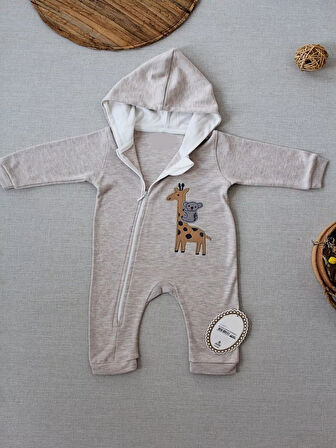 6-9 9-12 Ay Ef Çizgi Boy Fermuarlı Zürafa Nakışlı Kapşonlu Kız Erkek Bebek Tulumu Kahvemelanj
