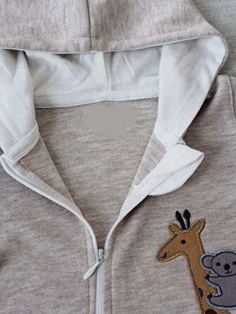 6-9 9-12 Ay Ef Çizgi Boy Fermuarlı Zürafa Nakışlı Kapşonlu Kız Erkek Bebek Tulumu Kahvemelanj