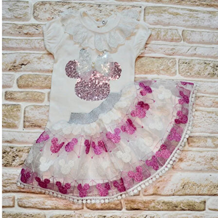 1-2-3 Yaş Payetli Mickey Nakışlı Kısa Kollu Brode Etekli 2li Kız Bebek Takımı Fuşya