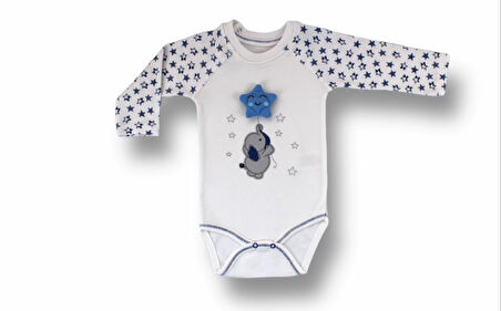 3-6 6-9 9-12 Ay Kutup Yıldızı Nakışlı Bandajlı Uzun Kollu Zıbınlı 3lü Erkek Bebek Takımı Ekru