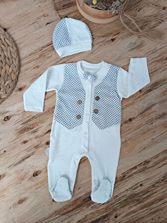 0-3 3-6 6-9 Ay Şapkalı Yelek Detaylı Boydan Çıtçıt Erkek Bebek Tulumu Ekru