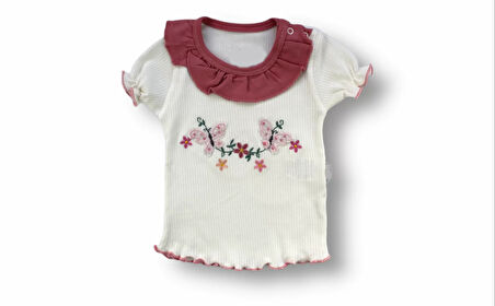 6-9 9-12 12-18 Ay Çiçek Nakışlı Roman Şalvar Bandanalı Kısa Kollu Sweat 3lü Kız Bebek Takımı Nar Çiçeği