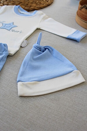 3-6 6-9 9-12 Ay Full Star Nakışlı Şapkalı Uzun Kollu Sweat 3lü Erkek Bebek Takımı Mavi