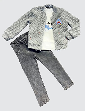 4-5-6 Yaş Kot Pantolonlu Pilot Mont Uzun Kollu Penye Sweat 3lü Erkek Çocuk Takımı Gri